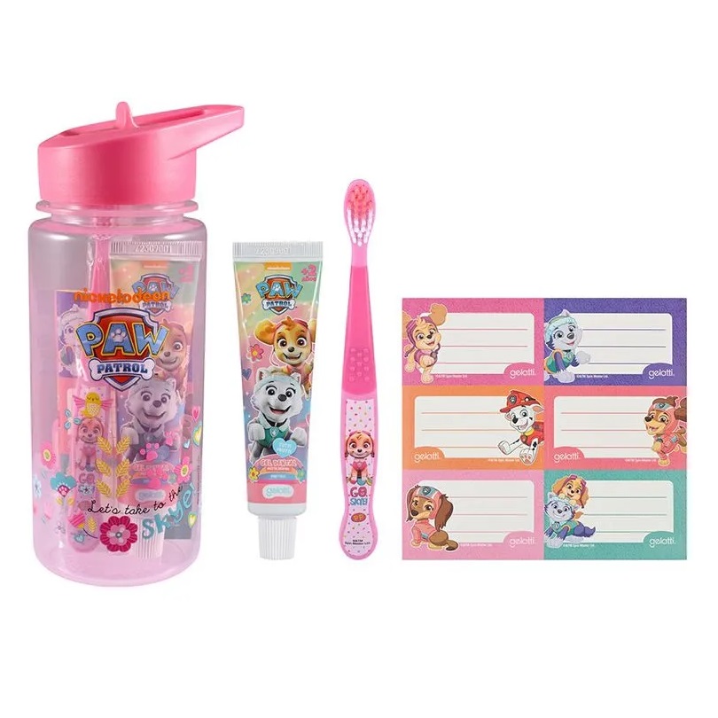 Set Paw Patrol Skye Botella +Cepillo +Pasta Dental +Stickers Gelatti