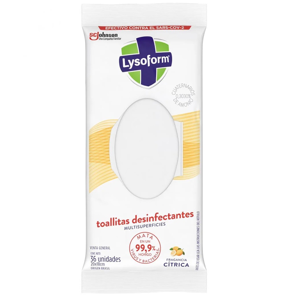 Lysoform Toallitas Húmedas Desinfectantes Multisuperficies Cítrica 36 Unidades