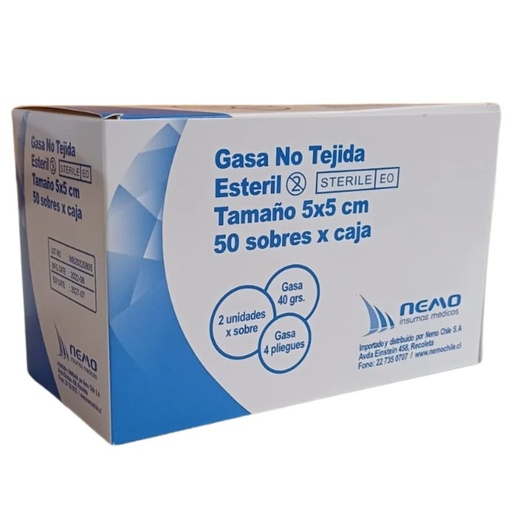 [65676004] Gasa No Tejida Estéril 5 x 5 cm Caja 50 Sobres x 2 Unidades Nemo