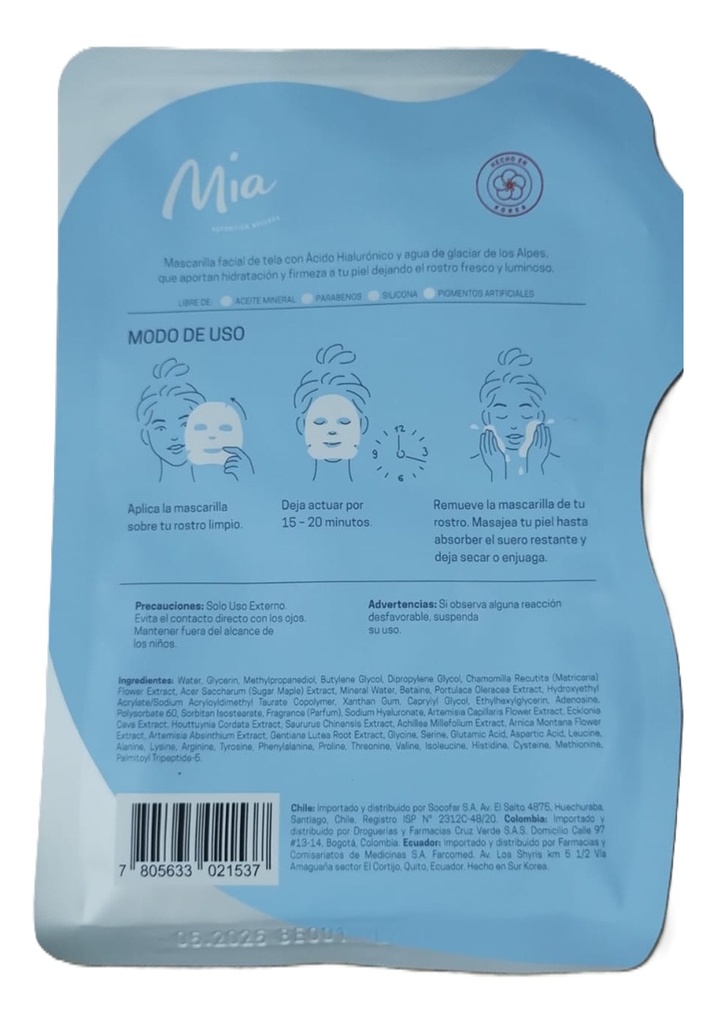 Mascarilla Facial Ácido Hialurónico Firmeza / Hidratación Mia