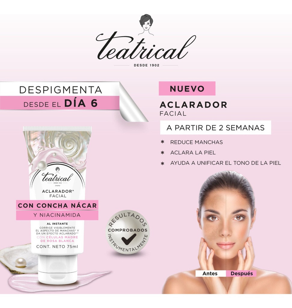 Teatrical Crema Aclaradora Facial con Concha Nácar y Niacinamida 75 mL Genomma Lab