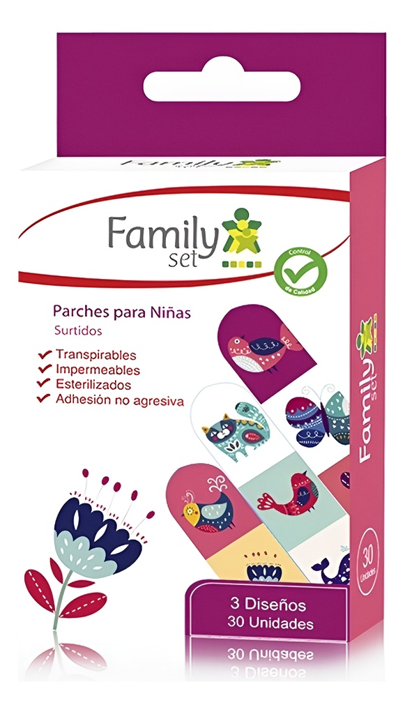 Family Set Parches Curita Infantil Diseño Floral y Animales 30 Unidades