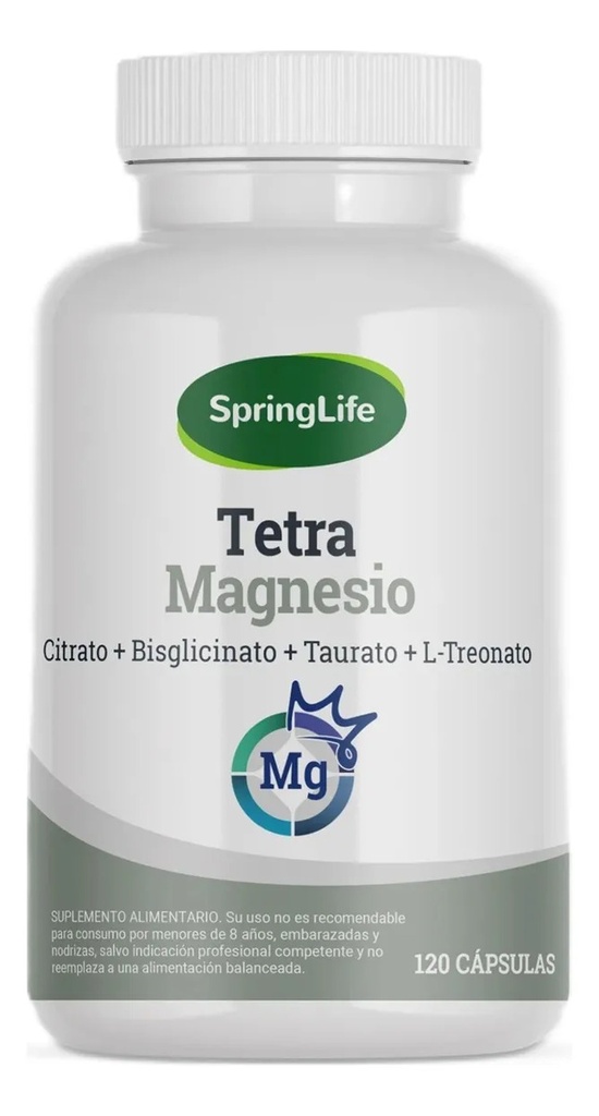 Tetra Magnesio 4 Magnesios (Citrato + Bisglicinato + Taurato + L-Treonato) 120 Cápsulas SpringLife