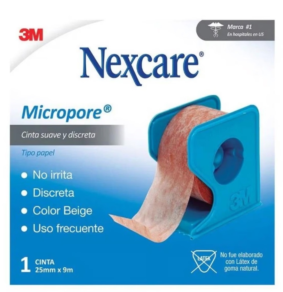 Nexcare Micropore Piel Cinta Adhesiva Papel 2,5 cm x 9,1 m con Dispensador 3M