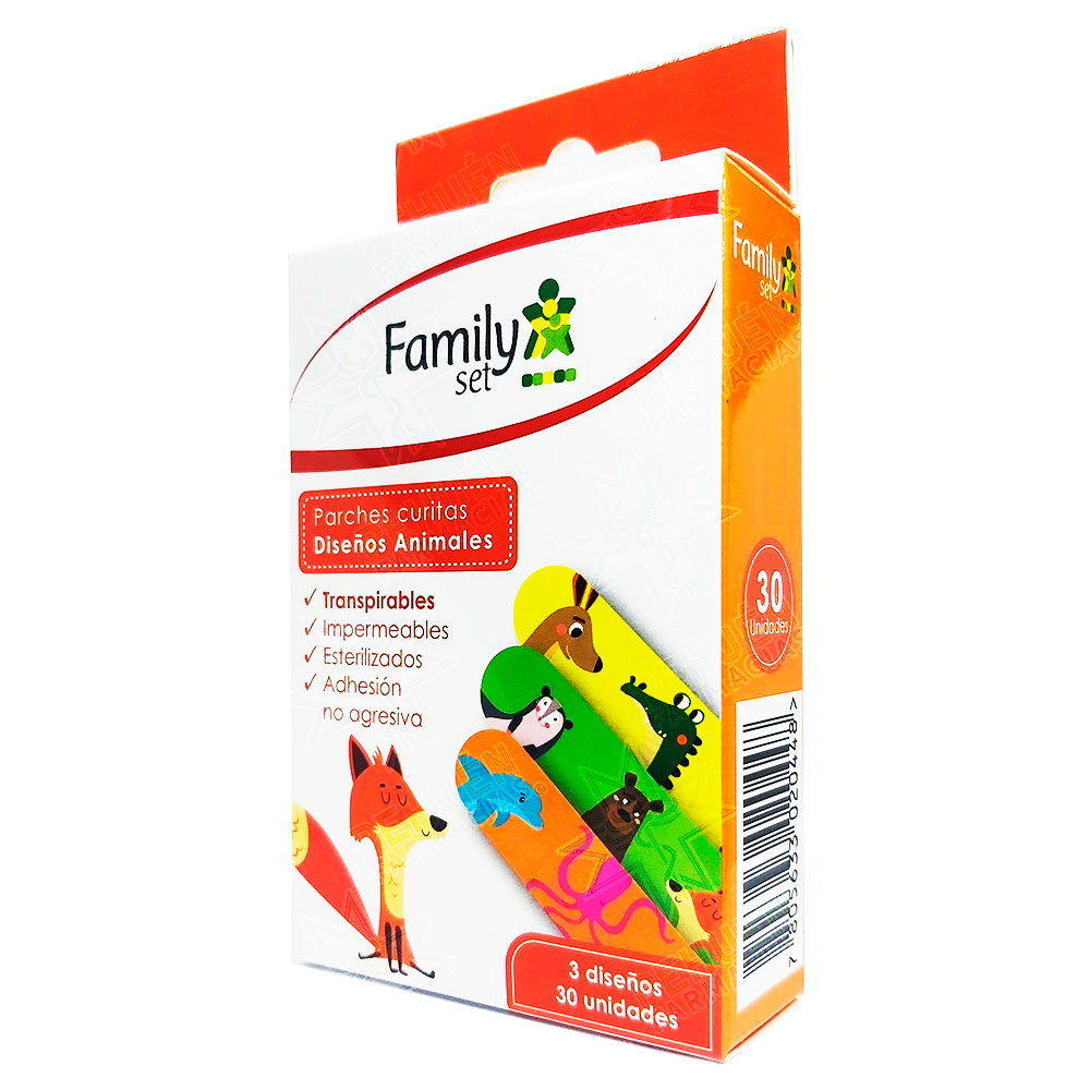 Family Set Parches Curita Infantil Diseños Animales 30 Unidades