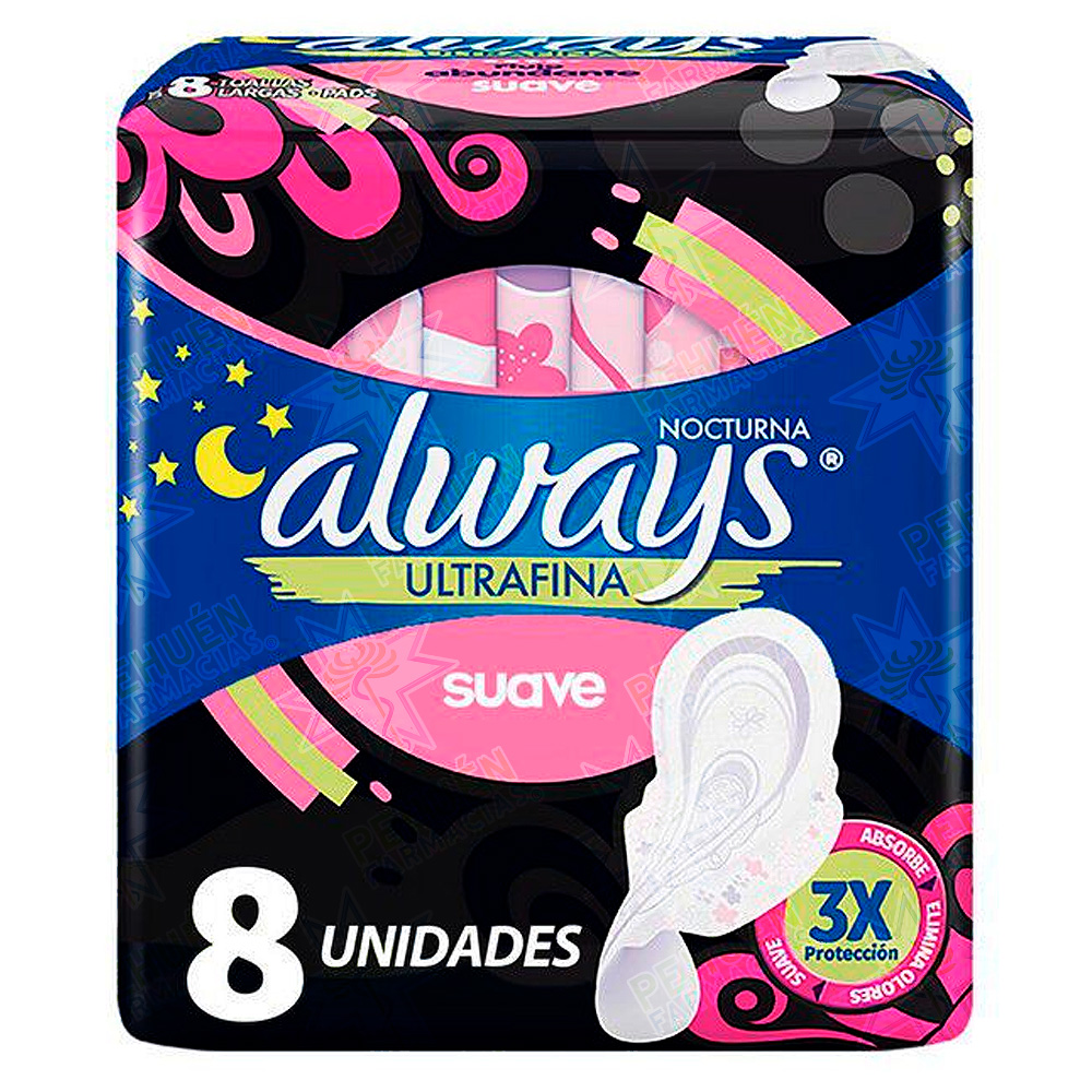 Always Nocturna Ultrafina Flujo Abundante Tela Suave 8 Toallas Femeninas P&G