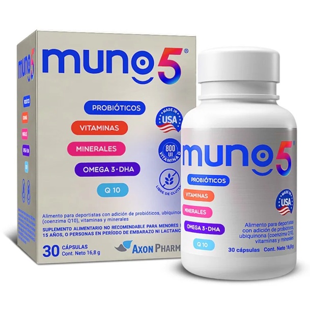 Muno 5 Probióticos + Vitaminas + Minerales + Omega 3 + Q10 30 Cápsulas Axon Pharma