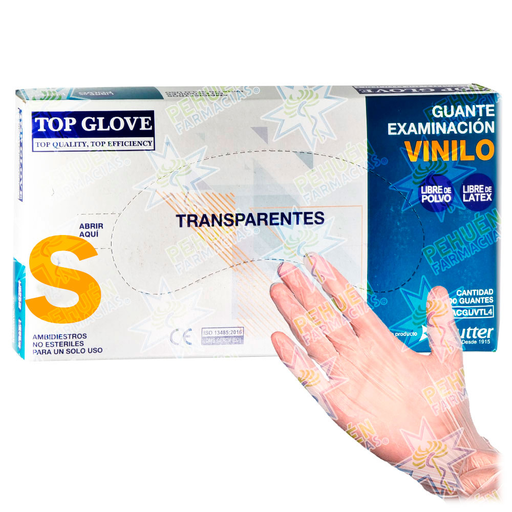 Top Glove Guantes Examinación Vinilo Talla S Sin Polvo Transparentes 100 Unidades Reutter