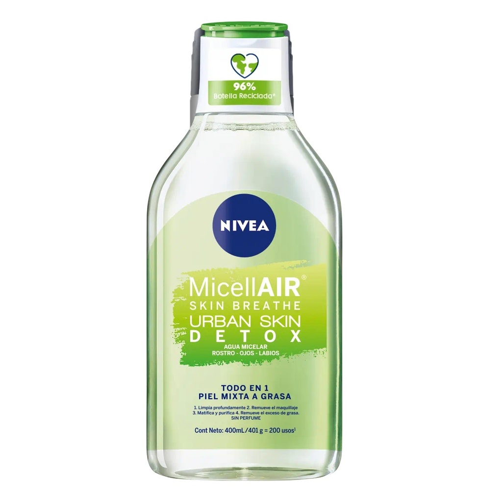 Nivea MicellAir Agua Micelar Urban Skin Detox Desmaquillante Piel Mixta a Grasa 400 mL