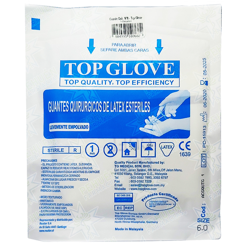 Top Glove (N°6) 2 Guantes de Látex Estériles Con Polvo Grado Quirúrgicos Talla XS Reutter