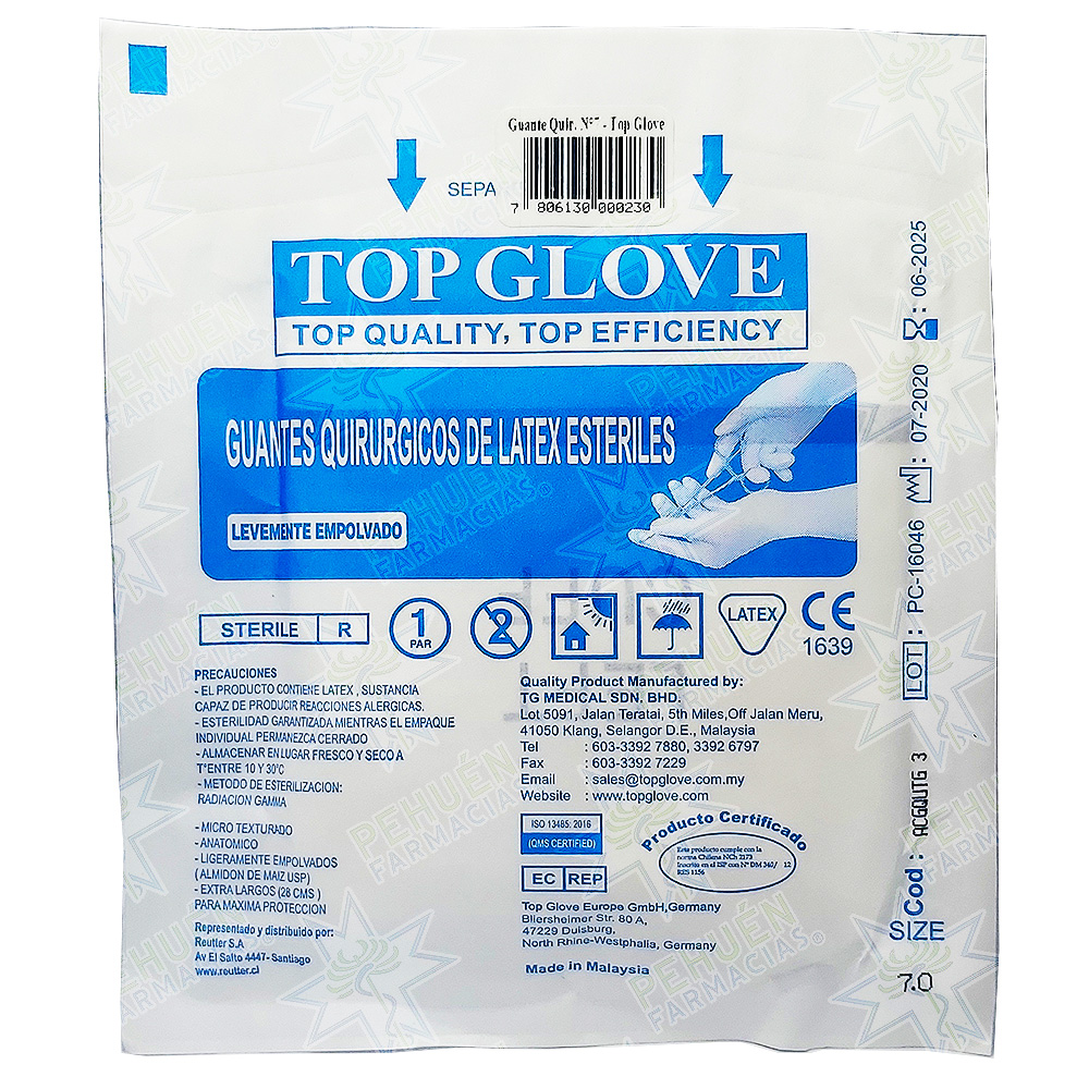 Top Glove (N°7) 2 Guantes de Látex Estériles Con Polvo Grado Quirúrgicos Talla M Reutter