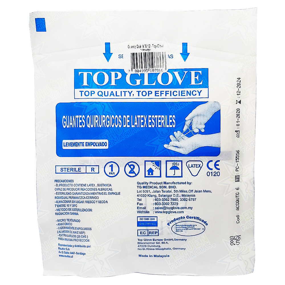 Top Glove (N°8.5) 2 Guantes de Látex Estériles Con Polvo Grado Quirúrgicos Talla L/XL Reutter