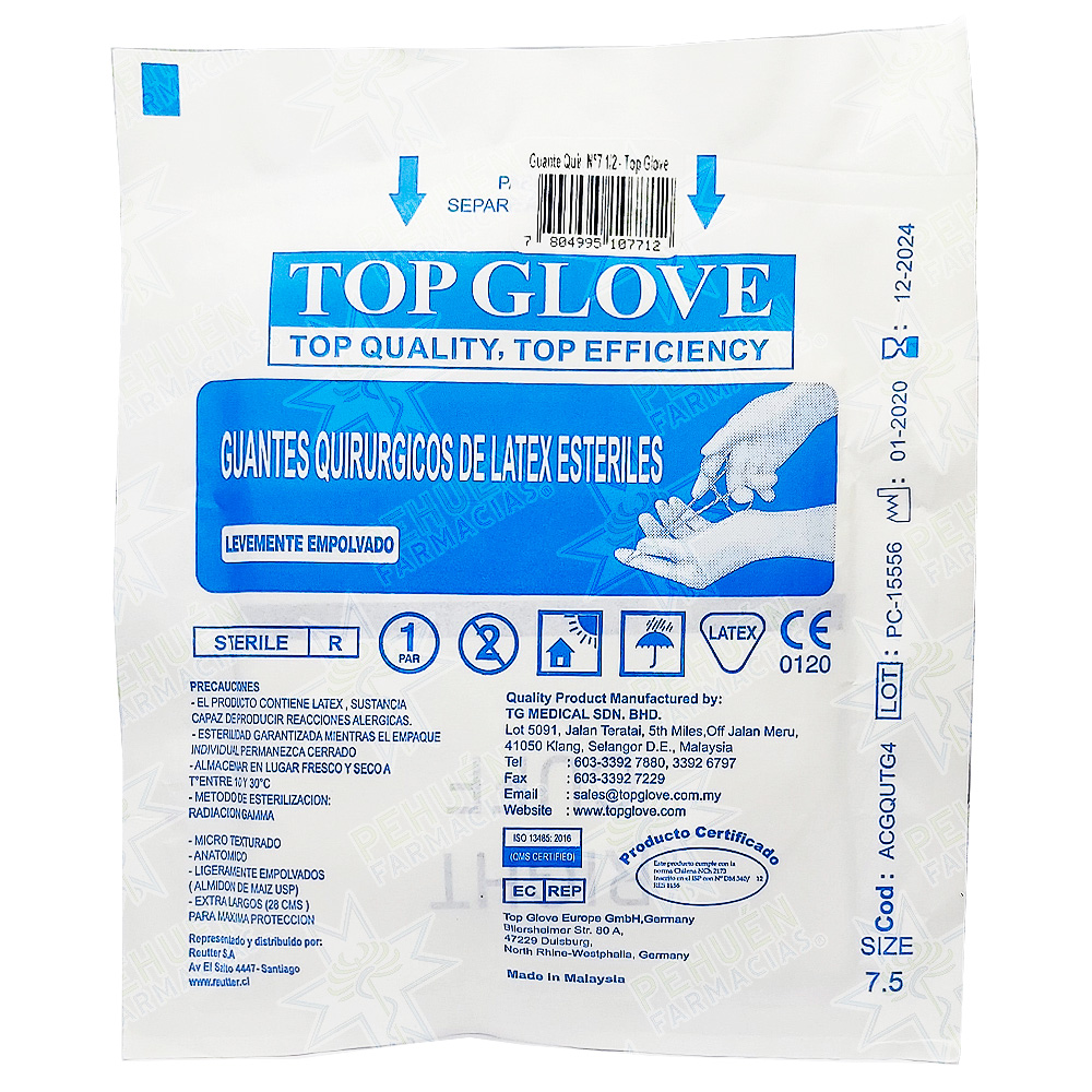 Top Glove (N°7.5) 2 Guantes de Látex Estériles Con Polvo Grado Quirúrgicos Talla M/L Reutter