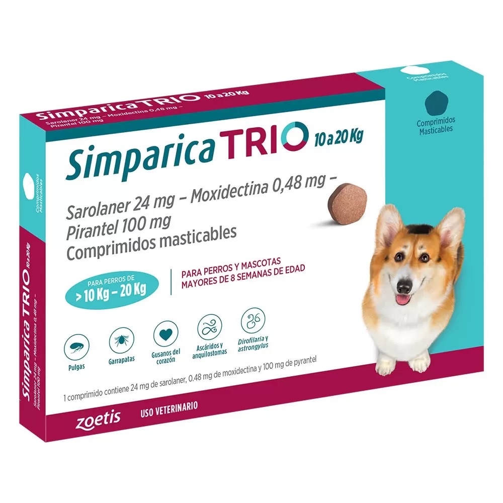 Simparica TRIO Perros 10 a 20 kg 1 Comprimido Masticable Zoetis