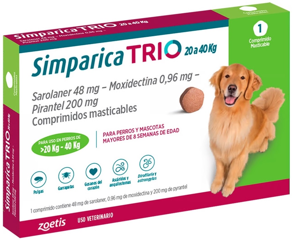 Simparica TRIO Perros 20 a 40 kg 1 Comprimido Masticable Zoetis
