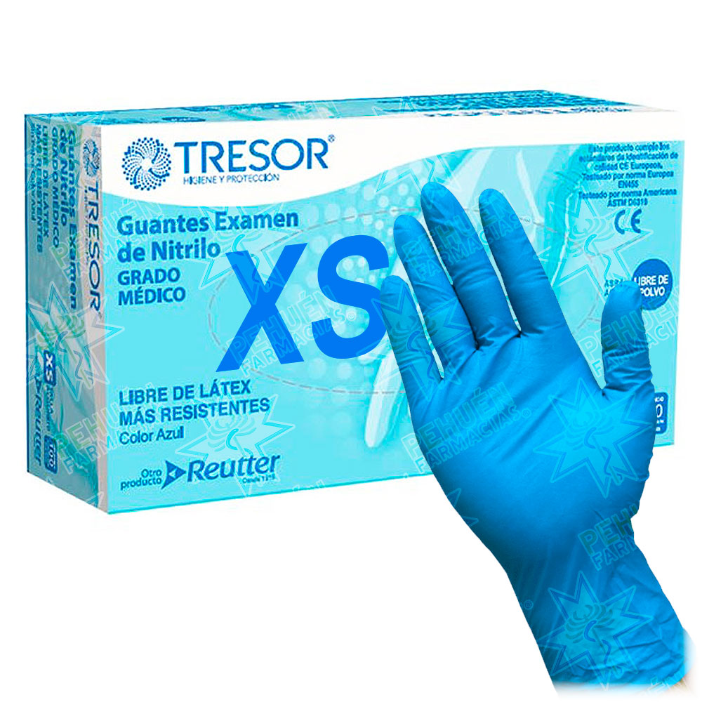 Tresor Guantes Examinación Nitrilo Talla XS Sin Polvo Azules 100 Unidades Grado Médico Reutter