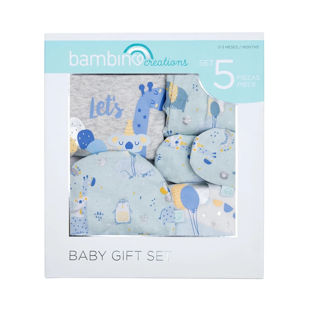Baby Gift Set 5 Piezas de Ropa Celeste Animales 0-3 meses Bambino