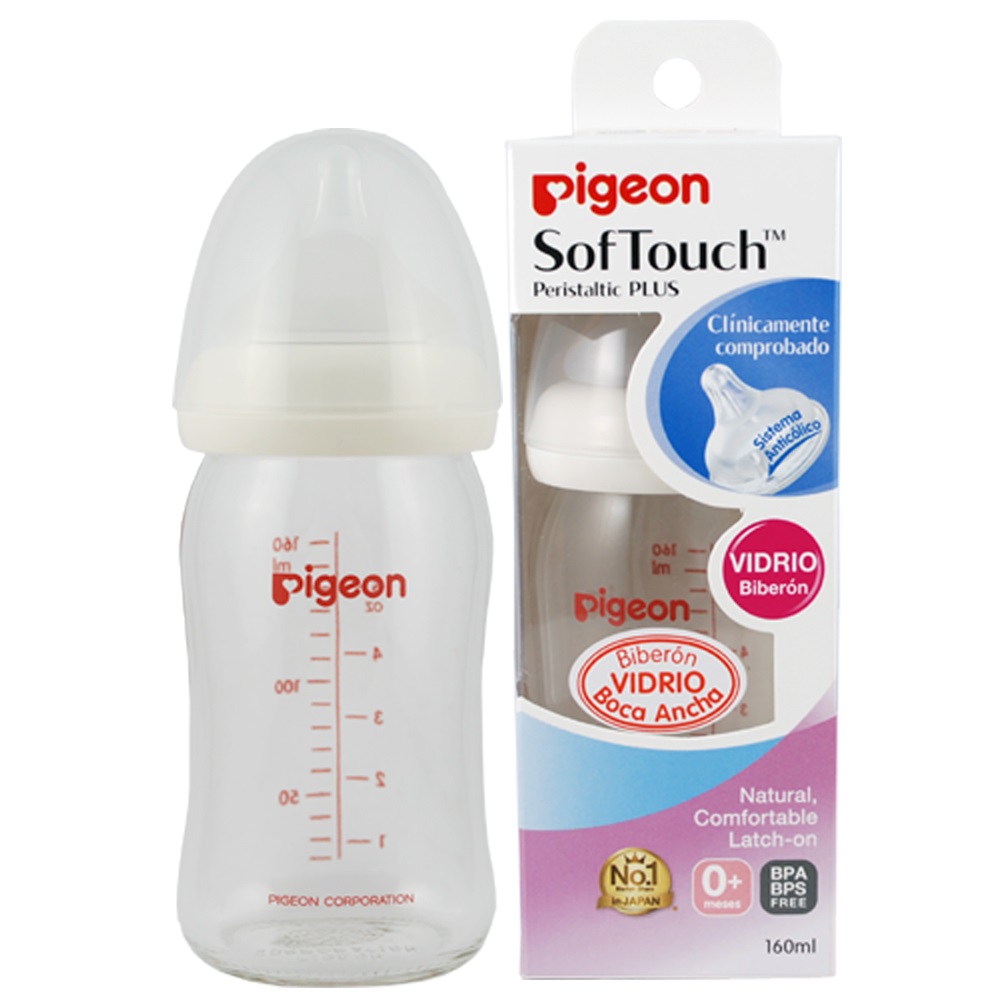 Pigeon SofTouch Peristaltic Plus 0m+ Mamadera de Vidrio Boca Ancha 160 mL