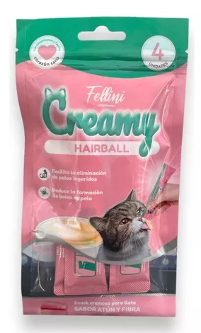 Fellini Premium Creamy Hairball Atun y Fibra Snack Cremoso Gatos 4 sachet x 15 g