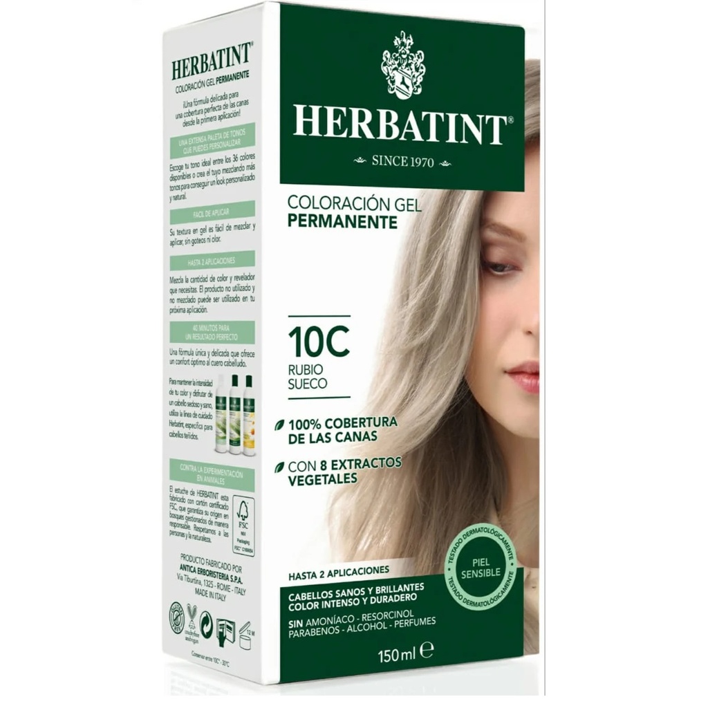 Herbatint 10C Rubio Sueco Ceniza Tintura Permanente Gel 150 mL
