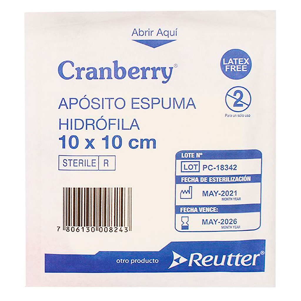 Cranberry Apósito Alta Absorción No Adherente de Espuma 10 x 10 cm 1 Unidad Reutter