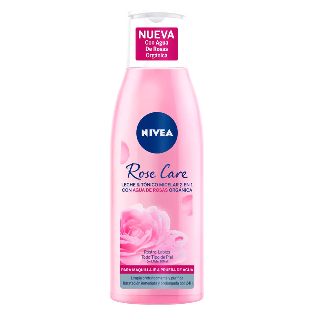 Nivea Rose Care Leche y Tónico Micelar 2en1 Rostro Labios con Agua de Rosas 200 mL