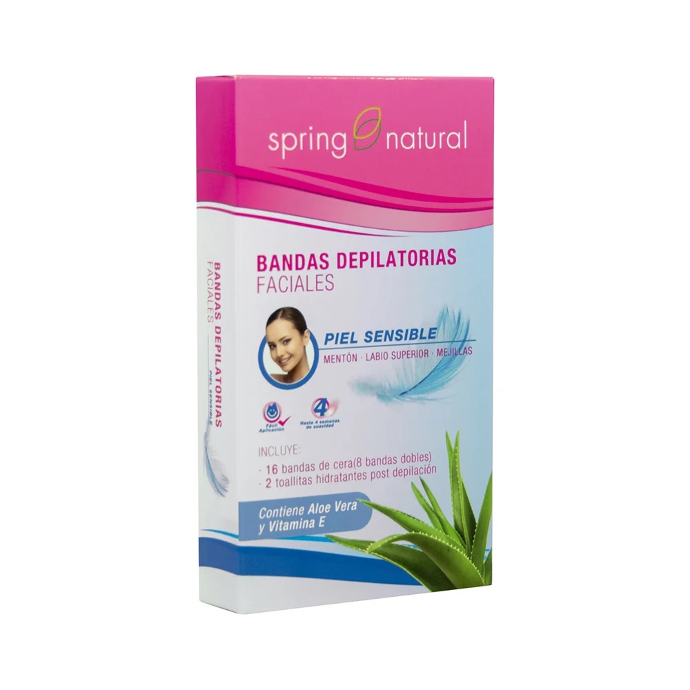 Spring Natural 16 Bandas Depilatorias Faciales + 2 Toallitas Hidratantes