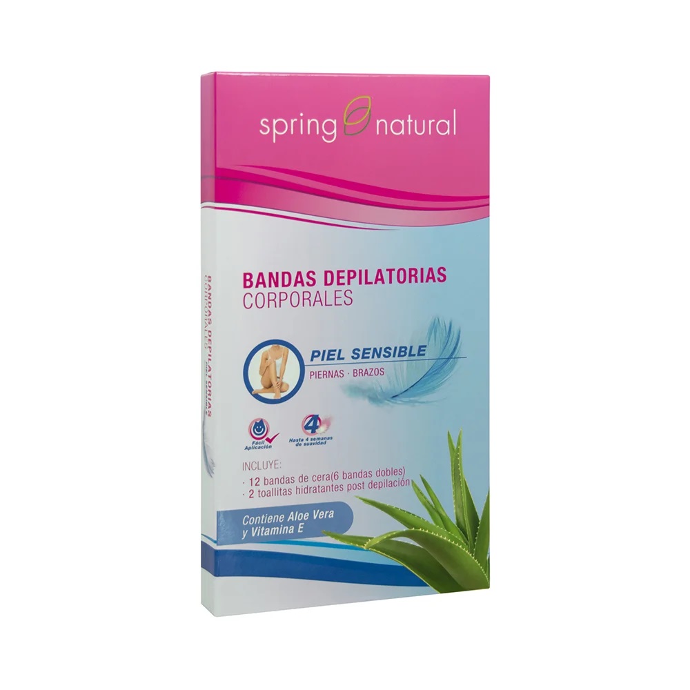 Spring Natural 12 Bandas Depilatorias Corporales + 2 Toallitas Hidratantes