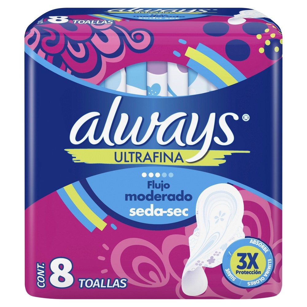 Always Ultrafina Seda-Sec con Alas 8 Toallas Femeninas P&G