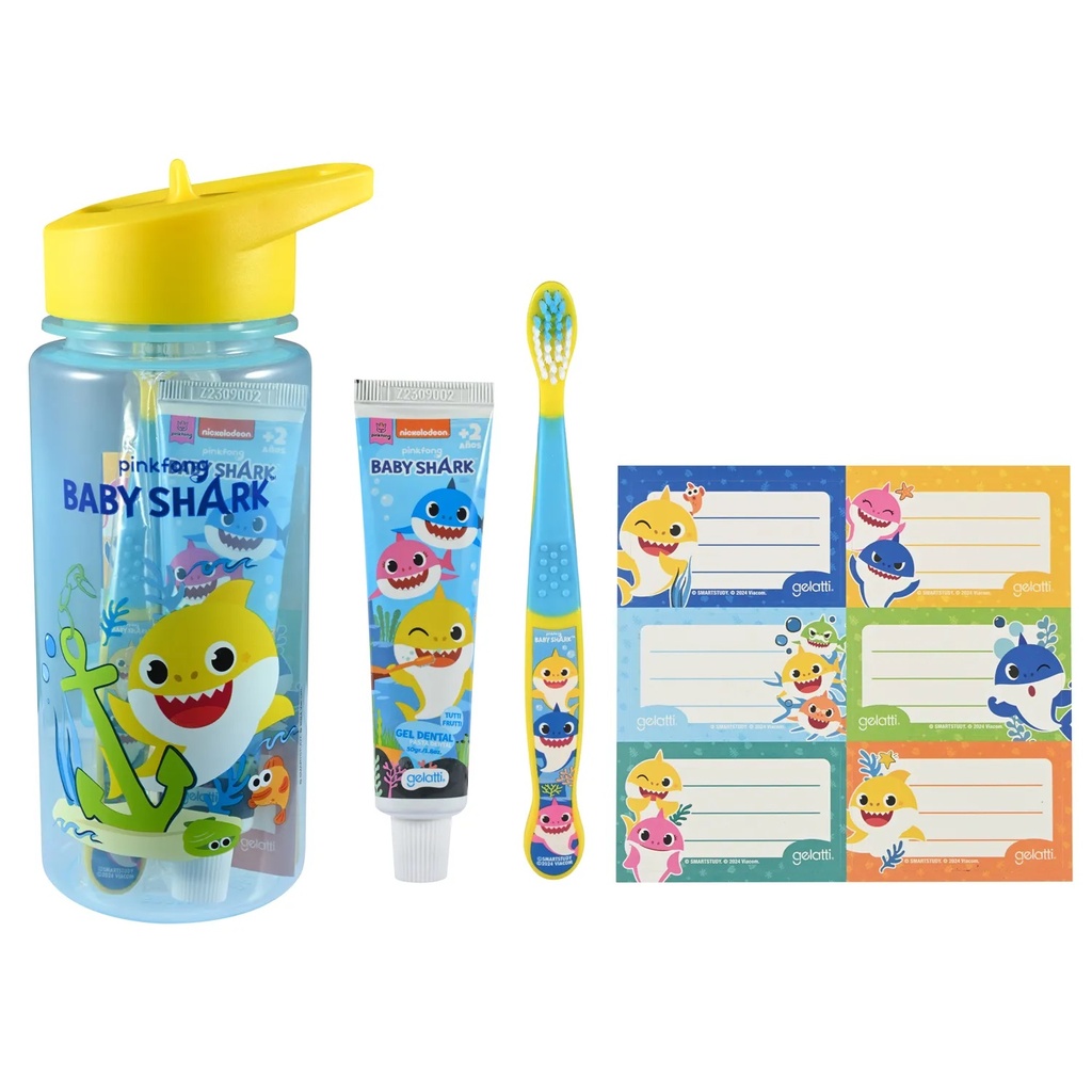 Set Baby Shark Botella +Cepillo +Pasta Dental +Stickers Gelatti