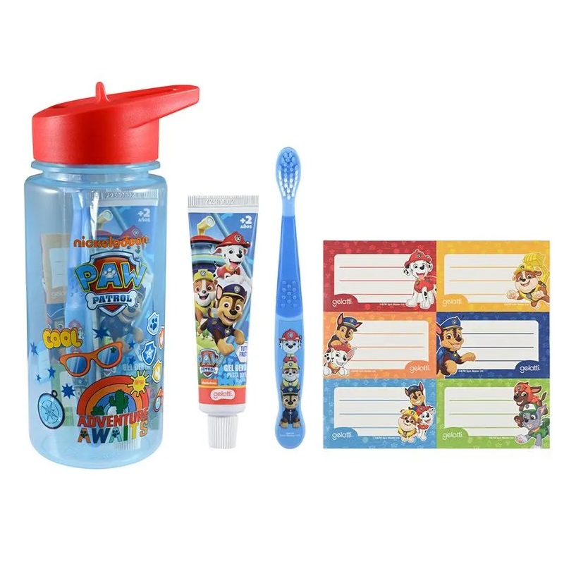Set Paw Patrol Botella +Cepillo +Pasta Dental +Stickers Gelatti