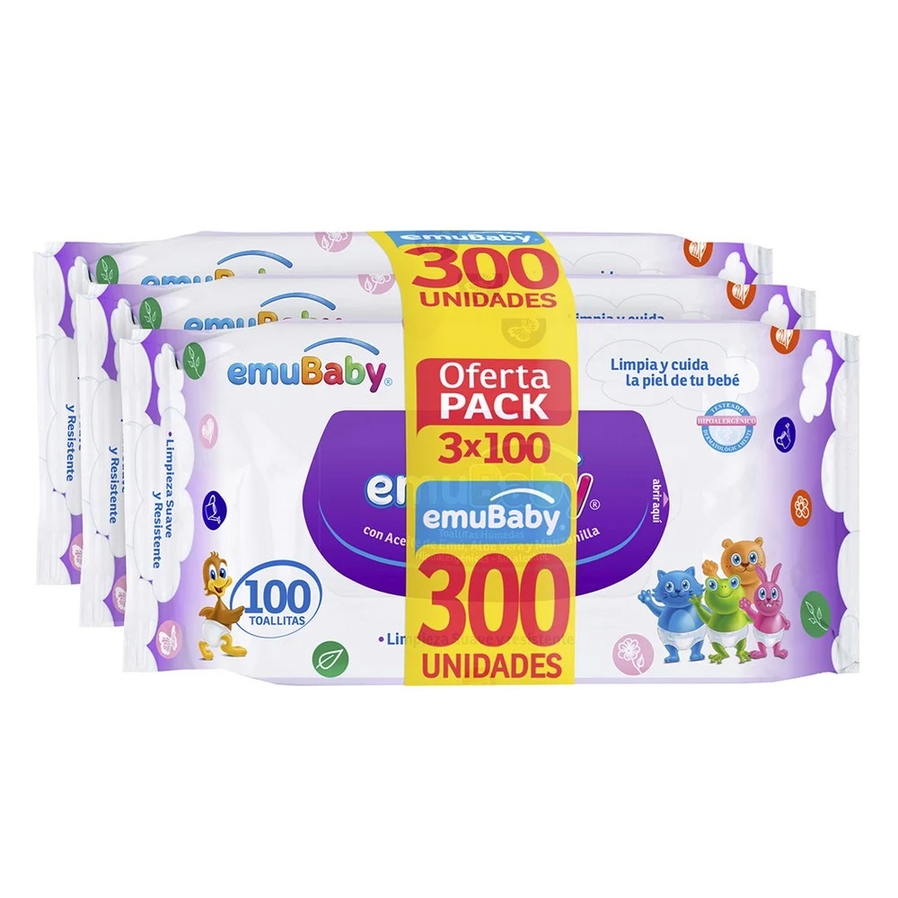 EmuBaby Pack 3 x 100 Toallitas Húmedas Emuchile