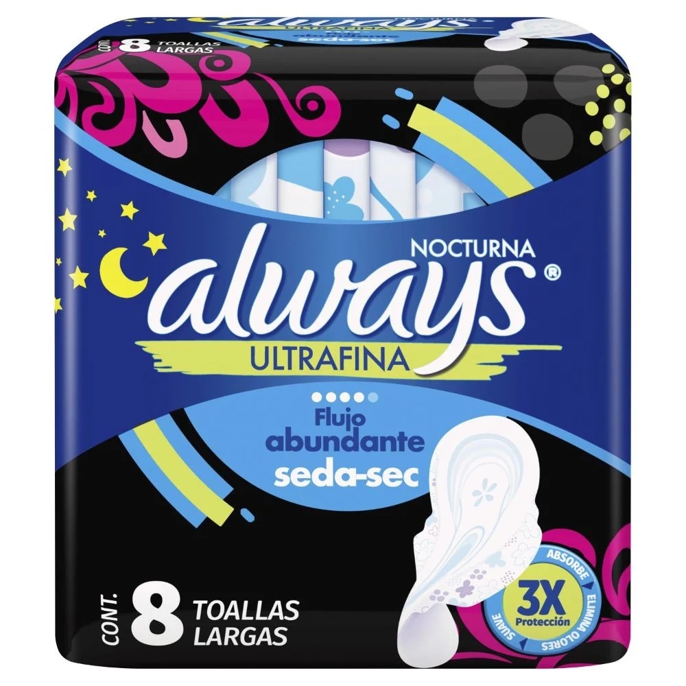 Always Nocturna Ultrafina Flujo Abundante Seda Sec 8 Toallas Femeninas P&G