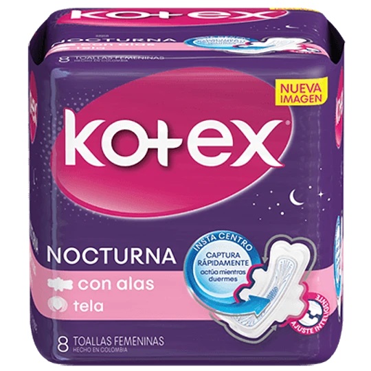 Kotex Nocturna Tela Suave con Alas 8 Toallas Femeninas Kimberly Clark