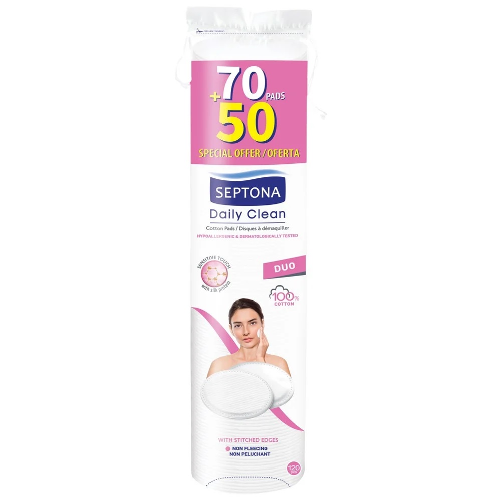 Pétalos Desmaquillantes Septona Daily Clean 100% Algodón pack 70+50 Unidades