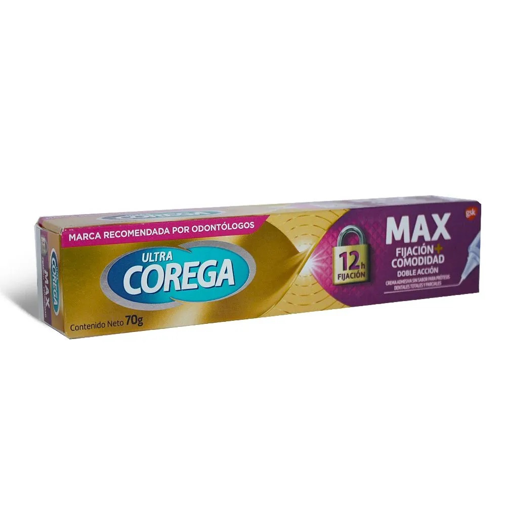 Corega Ultra Max Fijación + Comodidad 12h Crema Adhesiva Prótesis Dentales Sin Sabor 70 g GlaxoSmithKline