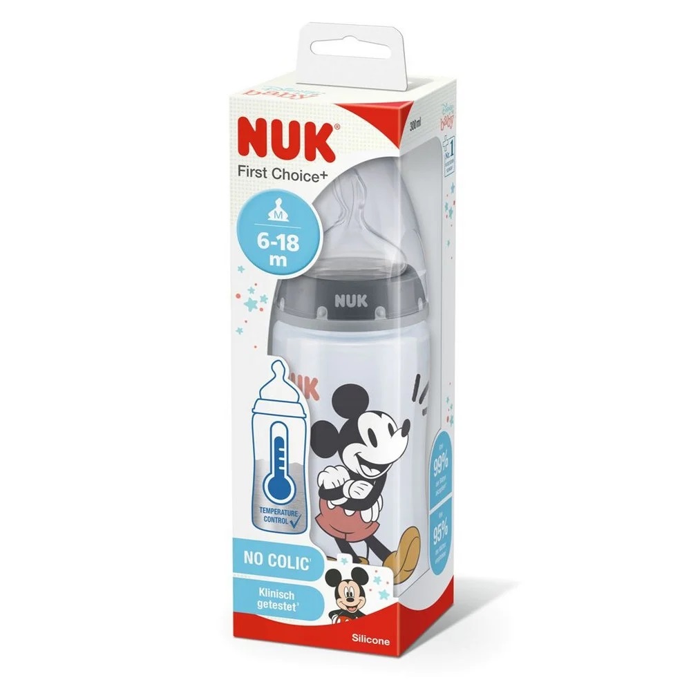 Nuk Mamadera First Choice Mickey Mouse 6-18m con Control de Temperatura 300 mL