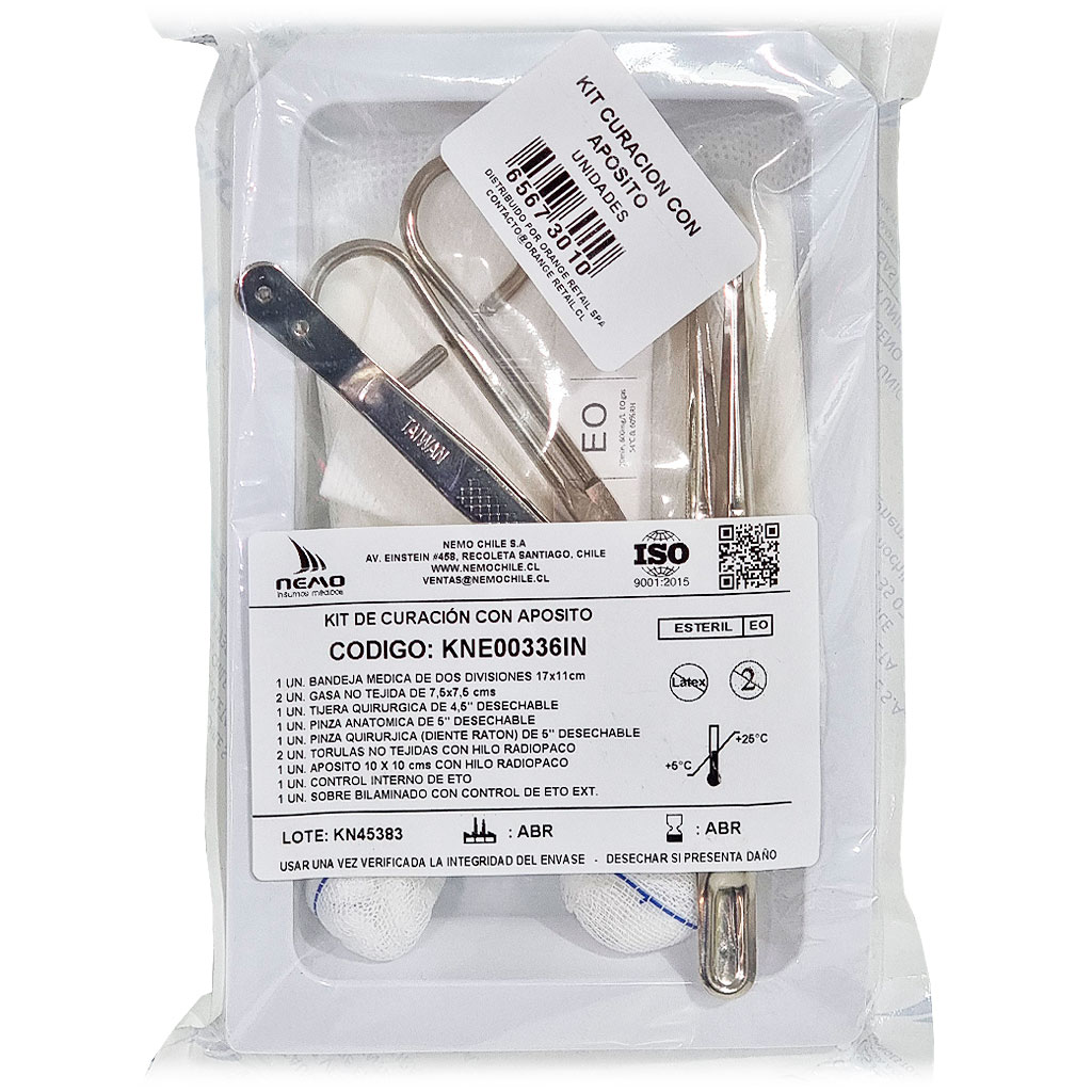 Kit de Curación 11 Productos (Bandeja- Apósitos - Gasas- Tórulas- Tijeras y Pinzas Quirúrgicas) Nemo