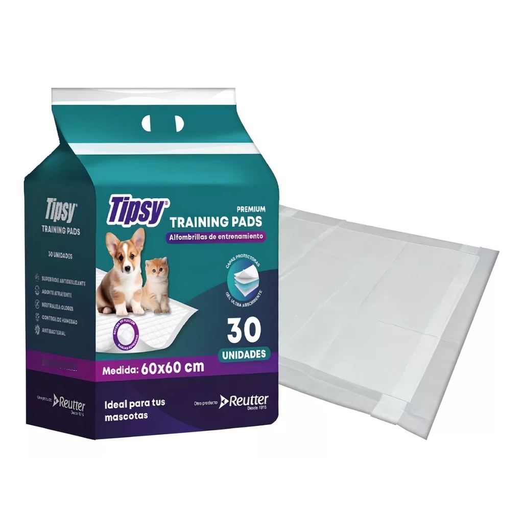 Tipsy Training Pads Sabanillas de Entrenamiento 60 x 60 cm con Gel 30 Unidades