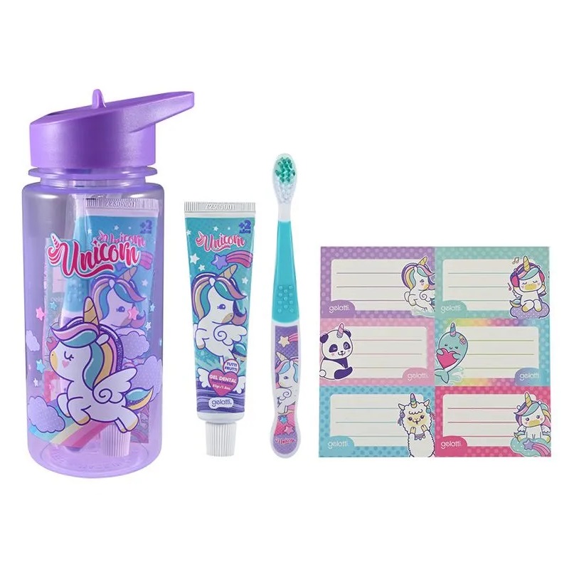 Set Unicorn Botella +Cepillo +Pasta Dental +Stickers Gelatti
