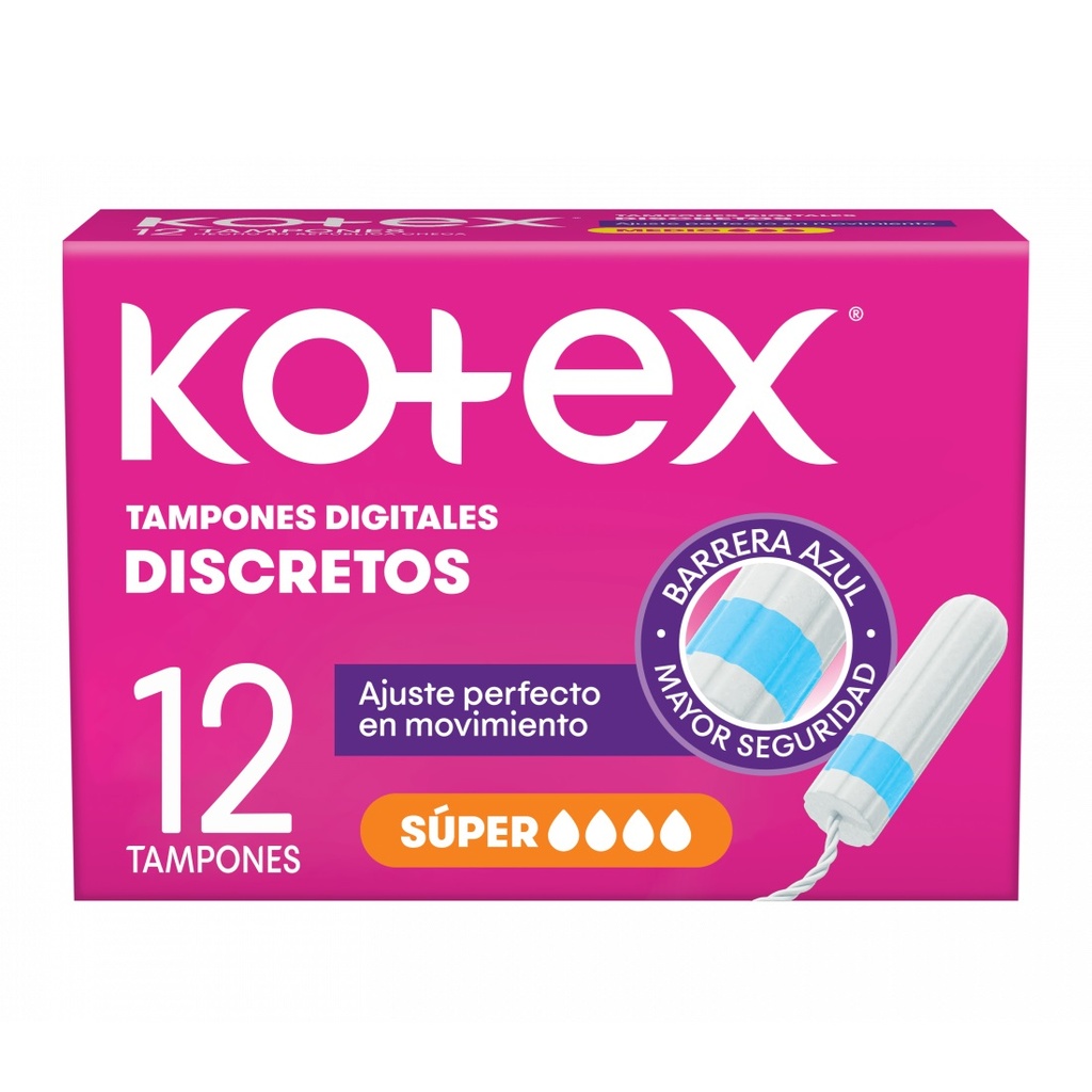 Kotex Super 12 Tampones Digitales Discretos Sin Aplicador Kimberly Clark