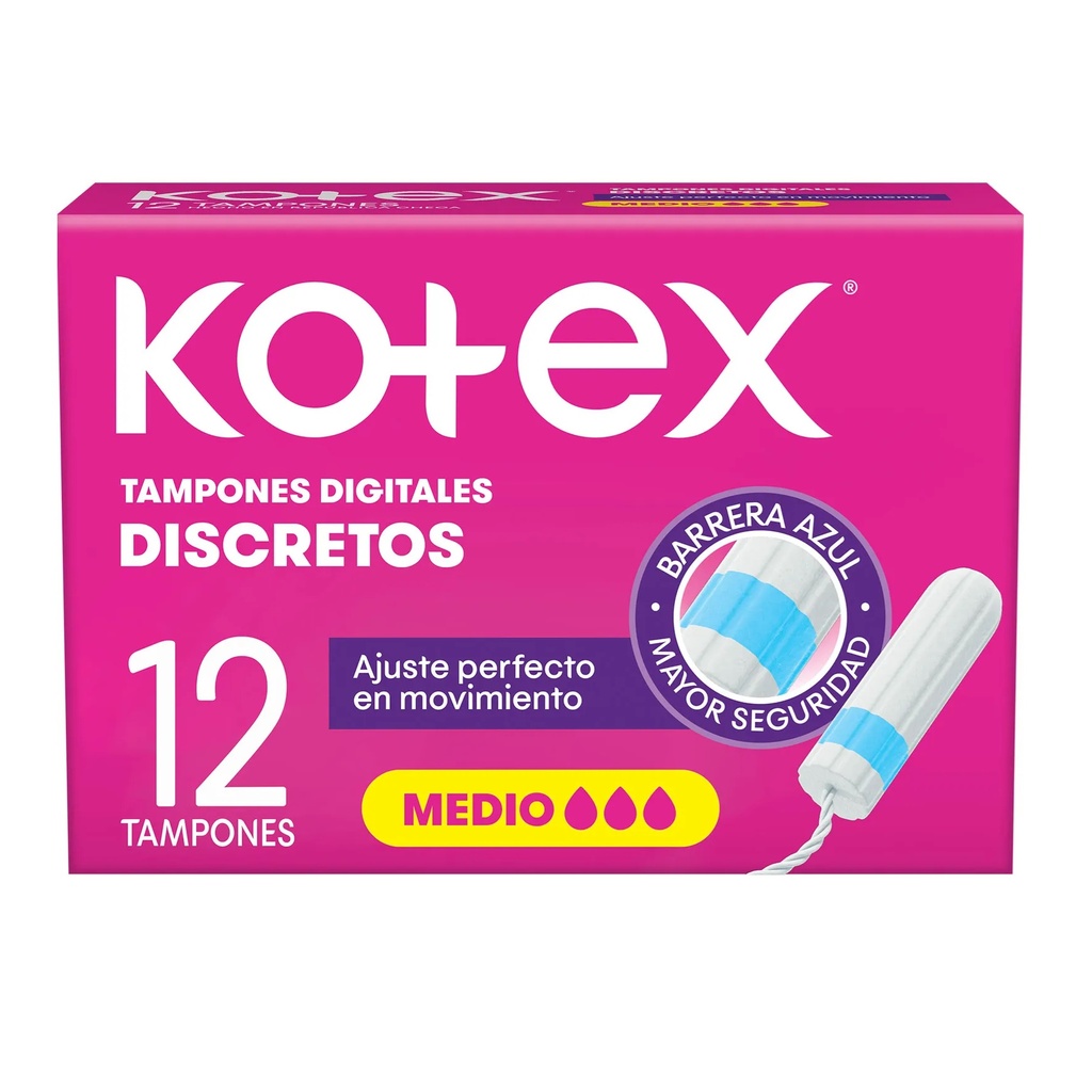 Kotex Medio 12 Tampones Digitales Discretos Sin Aplicador Kimberly Clark