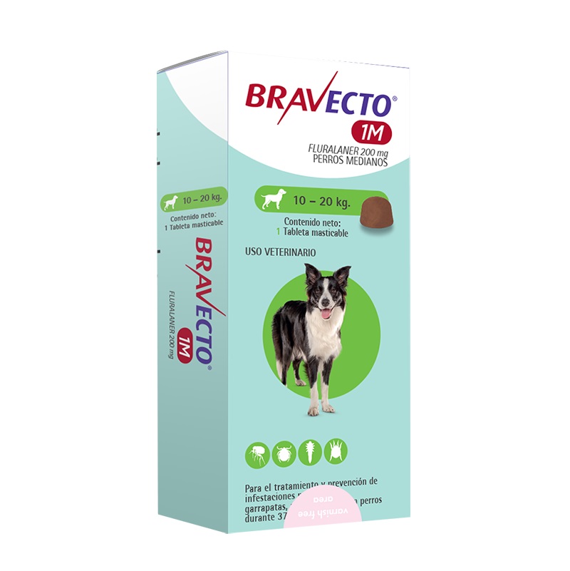 Bravecto 1M 200 mg Perros 10,1 a 20 kg 1 Comp. Masticable 37 Días MSD
