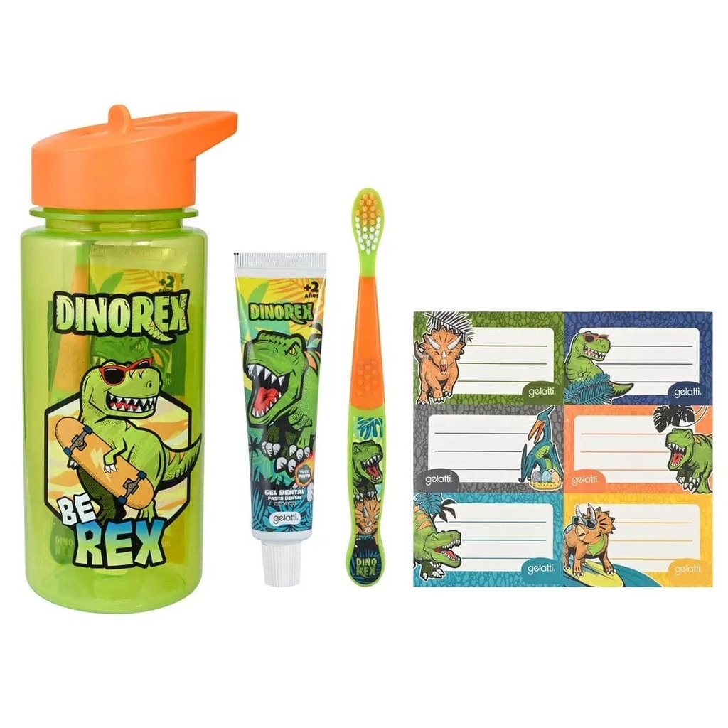 Set DinoRex Botella +Cepillo +Pasta Dental +Stickers Gelatti