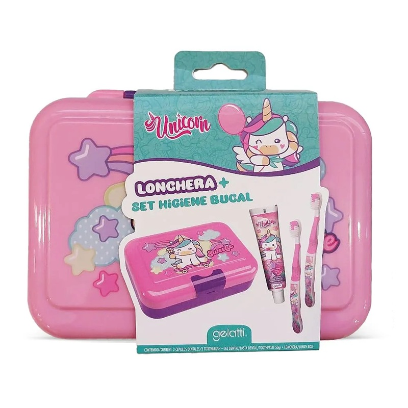 Unicorn Lonchera + Set Higiene Dental 4 Productos Gelatti