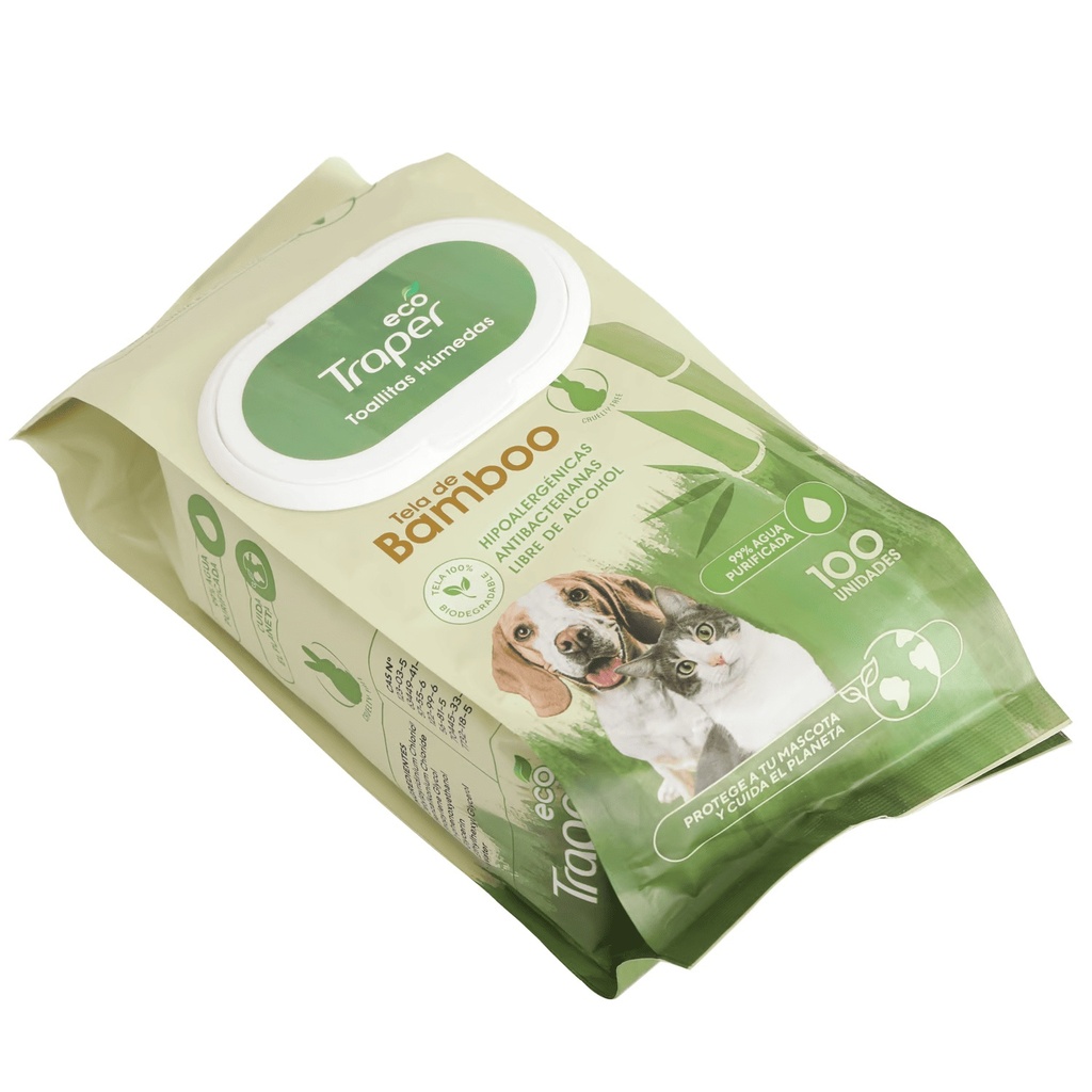 Eco Traper 100 Toallitas Húmedas Tela de Bamboo Limpieza para Mascotas Perros Gatos