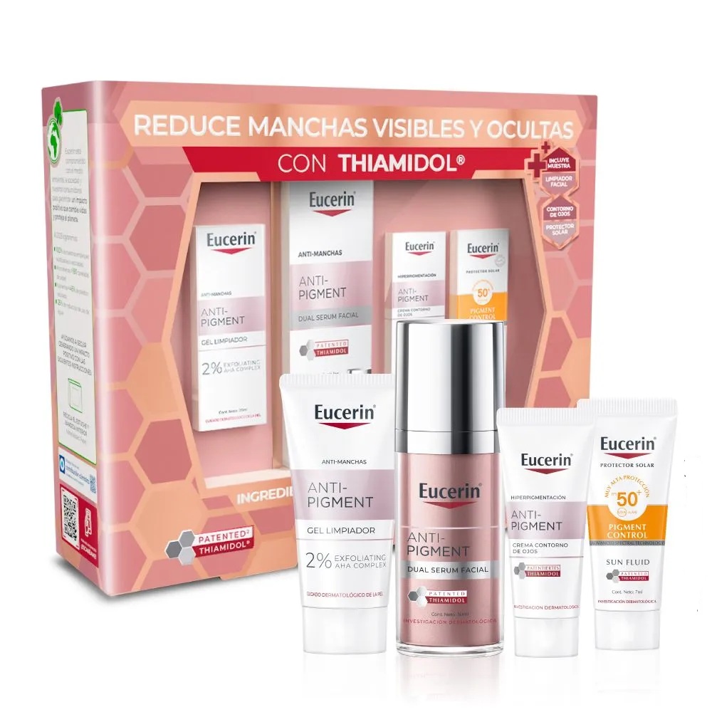 Estuche Anti-Pigment Reduce Manchas Visibles y Ocultas con Thiamidol Serum Dual+Gel Limpiador + Crema Controno Ojos +Prot. Solar Pigment Control Eucerin