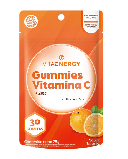 VitaEnergy Vitamina C + Zinc 30 Gomitas Libre de Azúcar Sabor Naranja 75 g Bioplus
