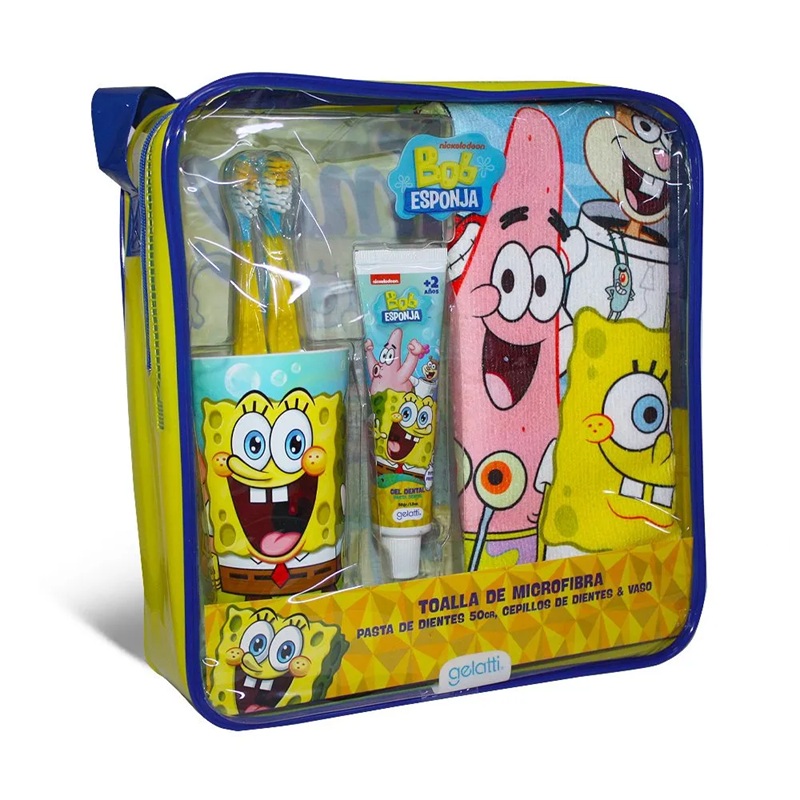 Bob Esponja 2 Cepillos + Pasta Dental 50 g + Toalla Microfibra + Vaso + Estuche Gelatti