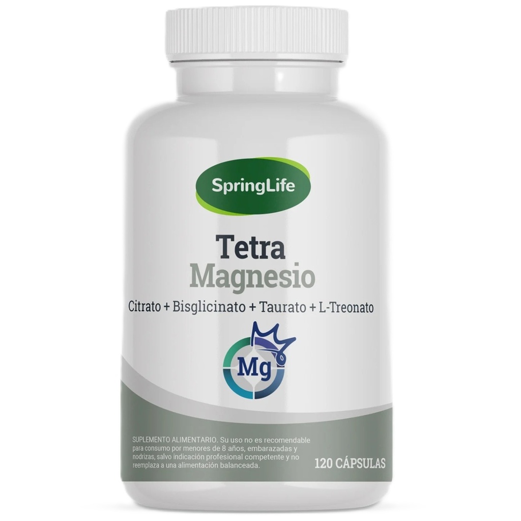 Tetra Magnesio 4 Magnesios (Citrato + Bisglicinato + Taurato + L-Treonato) 120 Cápsulas SpringLife